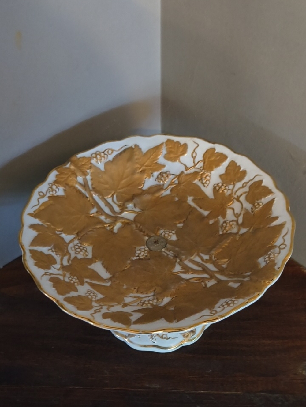 Meissen? White Porcelain and Gold Leaf Footed Compote Bowl 4.5" By 8"